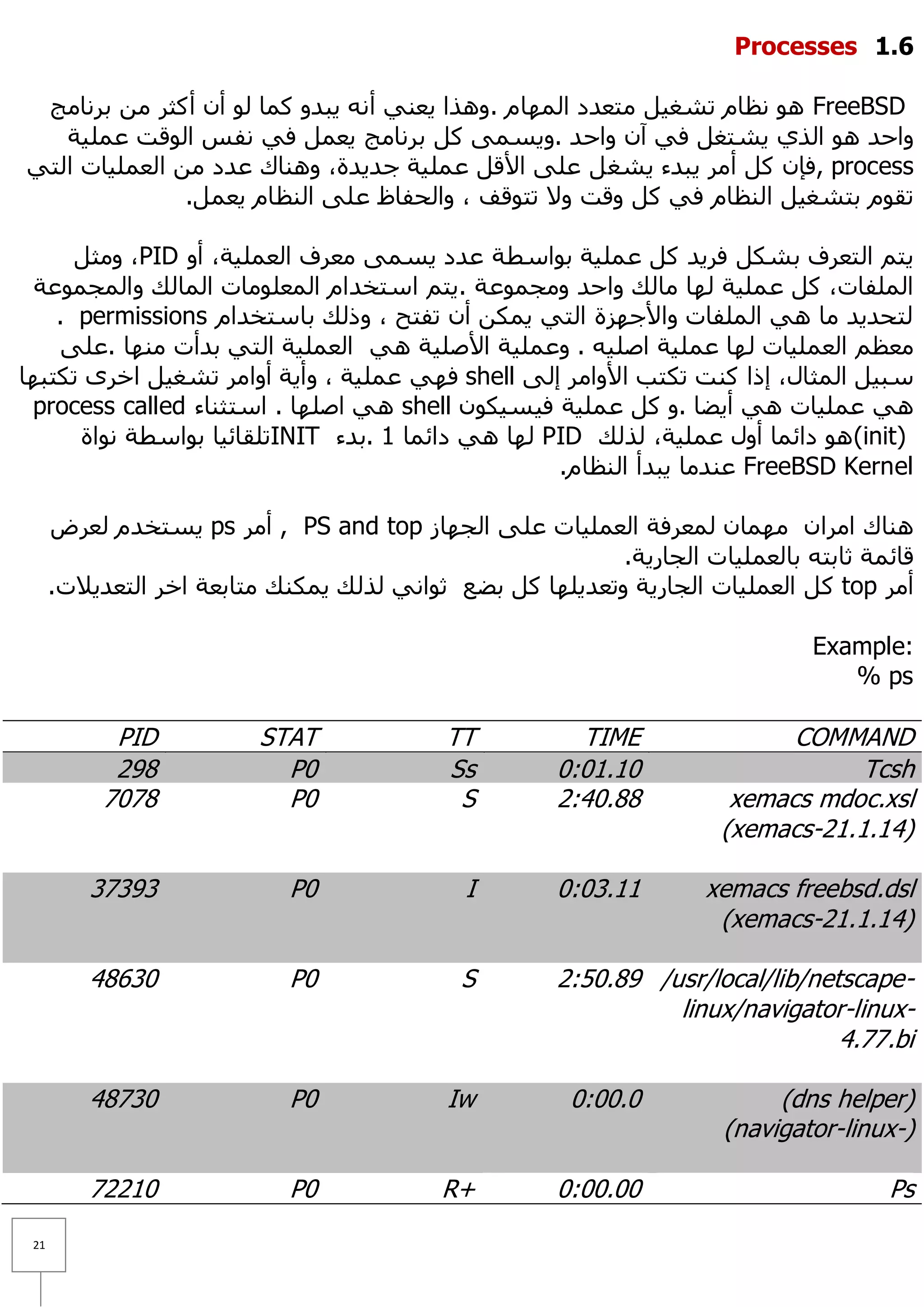 ‫1.1 ‪Processes‬‬

 ‫‪ٔ ٛ٘ FreeBSD‬ظبَ رشغ١ً ِزؼذد اٌّٙبَ .ٚ٘زا ٠ؼٕٟ أٔٗ ٠جذٚ وّب ٌٛ أْ أوضش ِٓ ثشٔبِظ‬
   ‫ٚاؽذ ٘ٛ اٌزٞ ٠شزغً فٟ آْ ٚاؽذ .ٚ٠غّٝ وً ثشٔبِظ ٠ؼًّ فٟ ٔفظ اٌٛلذ ػٍّ١خ‬
‫‪, process‬فئْ وً أِش ٠جذء ٠شغ ً ػٍٝ ا٤لً ػٍّ١خ عذ٠ذح، ٕٚ٘بن ػذد ِٓ اٌؼٍّ١بد اٌزٟ‬
               ‫رمَٛ ثزشغ١ً إٌظبَ فٟ وً ٚلذ ٚ٨ رزٛلف ، ٚاٌؾفبظ ػٍٝ إٌظبَ ٠ؼًّ.‬

      ‫٠زُ اٌزؼشف ثشىً فش٠ذ وً ػٍّ١خ ثٛاعطخ ػذد ٠غّٝ ِؼشف اٌؼٍّ١خ، أٚ ‪ِٚ ،PID‬ضً‬
  ‫اٌٍّفبد، وً ػٍّ١خ ٌٙب ِبٌه ٚاؽذ ِٚغّٛػخ .٠زُ اعزخذاَ اٌّؼٍِٛبد اٌّبٌه ٚاٌّغّٛػخ‬
    ‫ٌزؾذ٠ذ ِب ٟ٘ اٌٍّفبد ٚا٤عٙضح اٌزٟ ٠ّىٓ أْ رفزؼ ، ٚرٌه ثبعزخذاَ ‪. permissions‬‬
     ‫ِؼظُ اٌؼٍّ١بد ٌٙب ػٍّ١خ اطٍ١ٗ . ٚػٍّ١خ ا٤طٍ١خ ٟ٘ اٌؼٍّ١خ اٌزٟ ثذأد ِٕٙب .ػٍٝ‬
‫عج١ً اٌّضبي، إرا وٕذ رىزت ا٤ٚاِش إٌٝ ‪ shell‬فٟٙ ػٍّ١خ ، ٚأ٠خ أٚاِش رشغ١ً اخشٜ رىزجٙب‬
 ‫ٟ٘ ػٍّ١بد ٟ٘ أ٠ؼب .ٚ وً ػٍّ١خ ف١ غ١ىْٛ ‪ ٟ٘ shell‬اطٍٙب . اعزضٕبء ‪process called‬‬
      ‫)‪ ٛ٘ (init‬دائّب أٚي ػٍّ١خ، ٌزٌه ‪ٌٙ PID‬ب ٟ٘ دائّب 1 .ثذء ‪INIT‬رٍمبئ١ب ثٛاعطخ ٔٛاح‬
                                                   ‫‪ FreeBSD Kernel‬ػٕذِب ٠جذأ إٌظبَ.‬

      ‫ٕ٘بن اِشاْ ِّٙبْ ٌّؼشفخ اٌؼٍّ١بد ػٍٝ اٌغٙبص ‪ , PS and top‬أِش ‪٠ ps‬غزخذَ ٌؼشع‬
                                                           ‫لبئّخ صبثزٗ ثبٌؼٍّ١بد اٌغبس٠خ.‬
      ‫أِش ‪ top‬وً اٌؼٍّ١بد اٌغبس٠خ ٚرؼذ٠ٍٙب وً ثؼغ صٛأٟ ٌزٌه ٠ّىٕه ِزبثؼخ اخش اٌزؼذ٠٩د.‬

                                                                               ‫:‪Example‬‬
                                                                                  ‫‪% ps‬‬

            ‫‪PID‬‬           ‫‪STAT‬‬              ‫‪TT‬‬          ‫‪TIME‬‬                ‫‪COMMAND‬‬
            ‫892‬             ‫0‪P‬‬              ‫‪Ss‬‬        ‫01.10:0‬                     ‫‪Tcsh‬‬
           ‫8707‬             ‫0‪P‬‬               ‫‪S‬‬        ‫88.04:2‬          ‫‪xemacs mdoc.xsl‬‬
                                                                      ‫)41.1.12-‪(xemacs‬‬

         ‫39373‬               ‫0‪P‬‬               ‫‪I‬‬       ‫11.30:0‬        ‫‪xemacs freebsd.dsl‬‬
                                                                      ‫)41.1.12-‪(xemacs‬‬

         ‫03684‬               ‫0‪P‬‬              ‫‪S‬‬        ‫-‪2:50.89 /usr/local/lib/netscape‬‬
                                                                ‫-‪linux/navigator-linux‬‬
                                                                                ‫‪4.77.bi‬‬

         ‫03784‬               ‫0‪P‬‬             ‫‪Iw‬‬          ‫0.00:0‬             ‫)‪(dns helper‬‬
                                                                      ‫)-‪(navigator-linux‬‬

         ‫01227‬               ‫0‪P‬‬            ‫+‪R‬‬         ‫00.00:0‬                         ‫‪Ps‬‬
 ‫12‬
 