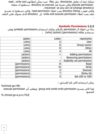 read , write and ُٙ‫ ؽ١ش ٠ّىٓ اػطبئ‬files ً‫ ِض‬directories ًِ‫٠ّىٕه ا٠ؼب اْ رؼب‬
       ٍٗ‫ رغزط١غ اْ رغؼ‬directory as execute ‫ ٌٚىٓ ػٕذِب رؼذ‬execute permission
                                   . traversed so you can cd (change directory)
 ‫ ٌٚىٟ رغزط١غ اْ رّغؼ‬read permission ‫ ٠غت اػطبء‬directory listing ‫ٌٚىٟ رمَٛ ثـ‬
‫ اٌزٞ ٠ؾزٛٞ ػٍٝ اٌٍّف‬directory ًٌ write and execute permission ‫ٍِف ٠غت اػطبء‬
                                                                               .


                                                Symbolic Permissions 1.1.1
      ٟ٘ٚ symbolic permissions َ‫ ثب٨سلبَ ٠ّىٕه اعزخذا‬permission ‫ثذ٨ ِٓ اػطبء اي‬
                                  : (who) (action) (permissions) ‫رغزخذَ ػ٩لخ‬

                   option                    Letter                   represents
                   (who)                         U                           User
                   (who)                         G                 Group owner
                   (who)                         O                          Other
                   (who)                          A                            All
                 (action)                        +          Adding permissions
                 (action)                         -     Removing permissions
                 (action)                        =    Explicitly set permissions
            (permissions)                         R                         Read
            (permissions)                        W                          Write
            (permissions)                         X                      Execute
            (permissions)                         T                     Sticky bit
            (permissions)                         S              Set UID or GID

                                                : ‫٠ّىٓ اعزخذاَ ا٨ِش وّب فٍغبثك‬
%chmod go=file
 execute permission ‫ ٚ٠ؼطٟ أِش‬group and world write permission ‫٘زا ا٨ِش ٠ّغؼ‬
                                                                     .‫ٌٍغّ١غ‬
% chmod go-w,a+x FILE




 11
 