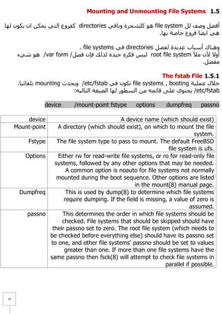 Mounting and Unmounting File Systems 1.1

‫ وفشٚع اٌزٟ ٠ّىٓ اْ ٠ىْٛ ٌٙب‬directories ٟ‫ ٘ٛ وٍشغشح ٚثبل‬file system ًٌ ‫أفؼً ٚطف‬
                                                           .‫ٟ٘ ا٠ؼب فشٚع خبطخ ثٙب‬

                            . file systems ٟ‫ ف‬directories ً‫ٕٚ٘بن أعجبة ػذ٠ذح ٌفظ‬
       ‫/ ٘ٛ شٟء‬var form / ً‫ ٌ١ظ فىشٖ ع١ذٖ ٌزٌه فئْ فظ‬root file system ٥ِ ْ٤ ٨ٚ‫أ‬
                                                                          .ً‫ِفؼ‬

                                                                The fstab File 1.1.1
       .‫ رٍمبئ١ب‬mounting ‫/ ٚ٠ؾذس‬etc/fstab ٟ‫ رىْٛ ف‬file systems , booting ‫خ٩ي ػٍّ١خ‬
                            :ٗ١ٌ‫/ ٠ؾزٛٞ ػٍٝ لبئّٗ ِٓ اٌغطٛس ٌٙب اٌظ١غخ اٌزب‬etc/fstab

                 device      /mount-point fstype       options     dumpfreq      passno

          device                                A device name (which should exist)
      Mount-point      A directory (which should exist), on which to mount the file
                                                                               system.
           Fstype      The file system type to pass to mount. The default FreeBSD
                                                                    file system is ufs.
          Options      Either rw for read-write file systems, or ro for read-only file
                      systems, followed by any other options that may be needed.
                           A common option is noauto for file systems not normally
                       mounted during the boot sequence. Other options are listed
                                                      in the mount(8) manual page.
       Dumpfreq            This is used by dump(8) to determine which file systems
                          require dumping. If the field is missing, a value of zero is
                                                                             assumed.
          passno         This determines the order in which file systems should be
                         checked. File systems that should be skipped should have
                     their passno set to zero. The root file system (which needs to
                    be checked before everything else) should have its passno set
                    to one, and other file systems' passno should be set to values
                          greater than one. If more than one file systems have the
                    same passno then fsck(8) will attempt to check file systems in
                                                                  parallel if possible.




 19
 