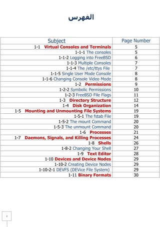 ‫الفهرس‬


                    Subject                            Page Number
           1-1 Virtual Consoles and Terminals               5
                                1-1-1 The consoles          5
                       1-1-2 Logging into FreeBSD           6
                            1-1-3 Multiple Consoles         7
                            1-1-4 The /etc/ttys File        7
                   1-1-5 Single User Mode Console           8
               1-1-6 Changing Console Video Mode            8
                                1-2 Permissions             9
                        1-2-2 Symbolic Permissions         10
                           1-2-3 FreeBSD File Flags        11
                        1-3 Directory Structure            12
                          1-4 Disk Organization            14
    1-5 Mounting and Unmounting File Systems               19
                                1-5-1 The fstab File       19
                       1-5-2 The mount Command             20
                     1-5-3 The unmount Command             20
                                   1-6 Processes           21
    1-7 Daemons, Signals, and Killing Processes            24
                                       1-8 Shells          26
                         1-8-2 Changing Your Shell         27
                                  1-9 Text Editor          28
                1-10 Devices and Device Nodes              29
                     1-10-2 Creating Device Nodes          29
             1-10-2-1 DEVFS (DEVice File System)           29
                             1-11 Binary Formats           30




2
 