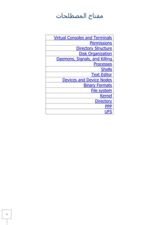 ‫ِفزبػ اٌّظطٍؾبد‬


    Virtual Consoles and Terminals
                       Permissions
                Directory Structure
                 Disk Organization
     Daemons, Signals, and Killing
                         Processes
                              Shells
                        Text Editor
         Devices and Device Nodes
                    Binary Formats
                        File system
                              Kernel
                           Directory
                                PPP
                                UFS




3
 