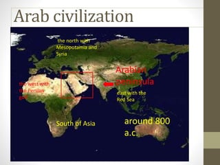 Arab civilization
Arabian
peninsula
South of Asia
the north with
Mesopotamia and
Syria
the west with
the Persian
gulf
east with the
Red Sea
around 800
a.c.
 