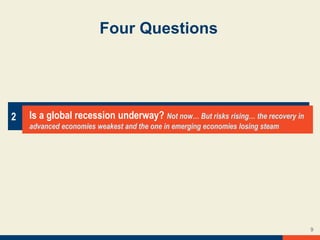 Four Questions
2 Is a global recession underway? Not now… But risks rising… the recovery in
advanced economies weakest and the one in emerging economies losing steam
9
 