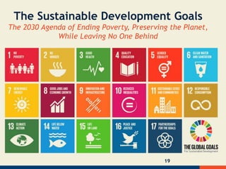 19
The Sustainable Development Goals
The 2030 Agenda of Ending Poverty, Preserving the Planet,
While Leaving No One Behind
 