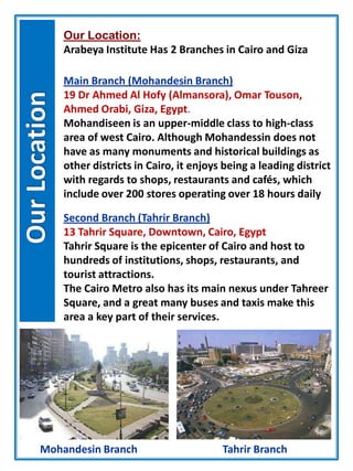 Our Location:
Arabeya Institute Has 2 Branches in Cairo and Giza
Main Branch (Mohandesin Branch)
19 Dr Ahmed Al Hofy (Almansora), Omar Touson,
Ahmed Orabi, Giza, Egypt.
Mohandiseen is an upper-middle class to high-class
area of west Cairo. Although Mohandessin does not
have as many monuments and historical buildings as
other districts in Cairo, it enjoys being a leading district
with regards to shops, restaurants and cafés, which
include over 200 stores operating over 18 hours daily
Second Branch (Tahrir Branch)
13 Tahrir Square, Downtown, Cairo, Egypt
Tahrir Square is the epicenter of Cairo and host to
hundreds of institutions, shops, restaurants, and
tourist attractions.
The Cairo Metro also has its main nexus under Tahreer
Square, and a great many buses and taxis make this
area a key part of their services.
Mohandesin Branch Tahrir Branch
 