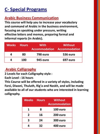 Arabic Business Communication
This course will help you to increase your vocabulary
and command of Arabic in the business environment,
focusing on speaking under pressure, writing
effective letters and memos, preparing formal and
informal reports (in Arabic).
C- Special Programs
Arabic Calligraphy
2 Levels for each Calligraphy style :
Each Level : 16 hours
This Course will be offered in a variety of styles, including
Farsi, Diwani, Thuluth, Rig'a and Naskh, and will be made
available to all of our students who are interested in learning
calligraphy.
Weeks Hours With
Accommodation
Without
Accommodation
4 80 798 euro 536 euro
4 100 945 euro 697 euro
Weeks Hours Without
Accommodation
1 8 100 euro
2 16 200 euro
3 24 300 euro
4 32 400 euro
 