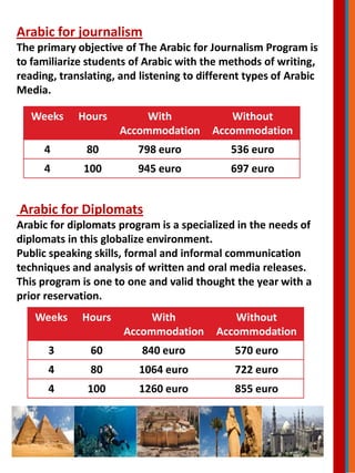 Arabic for journalism
The primary objective of The Arabic for Journalism Program is
to familiarize students of Arabic with the methods of writing,
reading, translating, and listening to different types of Arabic
Media.
Arabic for Diplomats
Arabic for diplomats program is a specialized in the needs of
diplomats in this globalize environment.
Public speaking skills, formal and informal communication
techniques and analysis of written and oral media releases.
This program is one to one and valid thought the year with a
prior reservation.
Weeks Hours With
Accommodation
Without
Accommodation
4 80 798 euro 536 euro
4 100 945 euro 697 euro
Weeks Hours With
Accommodation
Without
Accommodation
3 60 840 euro 570 euro
4 80 1064 euro 722 euro
4 100 1260 euro 855 euro
 