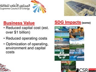 SDG Impacts (some)Business Value
• Reduced capital cost (est.
over $1 billion)
• Reduced operating costs
• Optimization of...