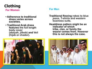 Clothing
For Women
• Adherence to traditional
dress varies across
societies.
• Traditional Arab dress
features the full length
body cover
(abayah, jilbob) and Veil
(hijab or chador).
For Men
Traditional flowing robes to blue
jeans, T-shirts and western
business suits.
Headdress pattern might be an
indicator of which
tribe, clan, or family the
wearer comes from. However
this is not always the case.
 