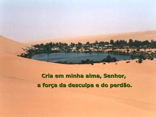 Cria em minha alma, Senhor,
a força da desculpa e do perdão.
 