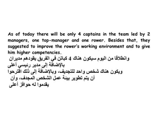 As of today there will be only 4 captains in the team led by 2
managers, one top-manager and one rower. Besides that, they
suggested to improve the rower’s working environment and to give
him higher competencies.
                           4
 
