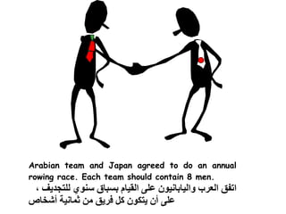 Arabian team and Japan agreed to do an annual
rowing race. Each team should contain 8 men.
 