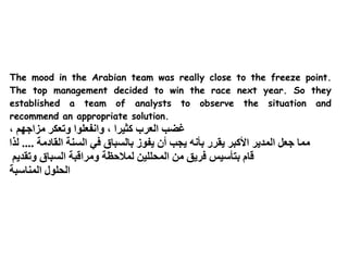 The mood in the Arabian team was really close to the freeze point.
The top management decided to win the race next year. So they
established a team of analysts to observe the situation and
recommend an appropriate solution.

  ....
 