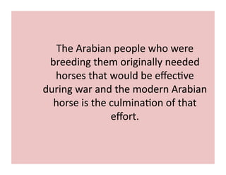 The 
Arabian 
people 
who 
were 
breeding 
them 
originally 
needed 
horses 
that 
would 
be 
effec;ve 
during 
war 
and 
the 
modern 
Arabian 
horse 
is 
the 
culmina;on 
of 
that 
effort. 
 
