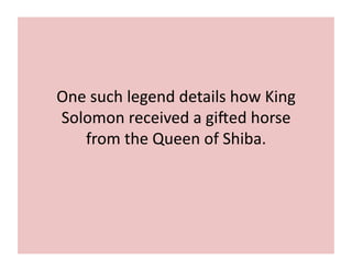 One 
such 
legend 
details 
how 
King 
Solomon 
received 
a 
giGed 
horse 
from 
the 
Queen 
of 
Shiba. 
 