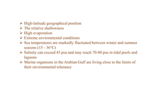 High-latitude geographical position
 The relative shallowness
 High evaporation
 Extreme environmental conditions
 Sea temperatures are markedly fluctuated between winter and summer
seasons (15 - 36°C)
 Salinity can exceed 43 psu and may reach 70-80 psu in tidal pools and
lagoons
 Marine organisms in the Arabian Gulf are living close to the limits of
their environmental tolerance
 