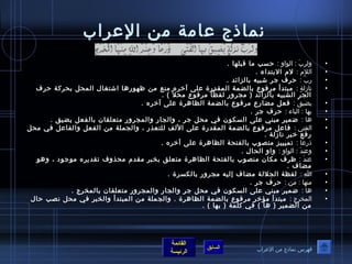 نماذج عامة من الإعراب ولربَ  :  الواو  :   حسب ما قبلها  . اللام  :   لام الابتداء  . ربَّ  :   حرف جر شبيه بالزائد  . نازلةٍ  :   مبتدأ مرفوع بالضمة المقدرة على آخره منع من ظهورها اشتغال المحل بحركة حرف الجر الشبيه بالزائد  (  مجرور لفظاً مرفوع محلاً  ) . يضيقُ  :   فعل مضارع مرفوع بالضمة الظاهرة على آخره  . بها  :  الباء  :   حرف جر  . ها  :   ضمير مبني على السكون في محل جر ، والجار والمجرور متعلقان بالفعل يضيق  . الفتى  :   فاعل مرفوع بالضمة المقدرة على الألف للتعذر ، والجملة من الفعل والفاعل في محل رفع خبر نازلة  . ذرعَا  :   تميييز منصوب بالفتحة الظاهرة على آخره  . وعندَ  :  الواو  :   واو الحال  . عندَ  :  ظرف مكان منصوب بالفتحة الظاهرة متعلق بخبر مقدم محذوف تقديره موجود ، وهو مضاف  . اللهِ  :   لفظة الجلالة مضاف إليه مجرور بالكسرة  . منها  :  من  :   حرف جر  . ها  :   ضمير مبني على السكون في محل جر والجار والمجرور متعلقان بالمخرج  . المخرج  :   مبتدأ مؤخر مرفوع بالضمة الظاهرة  .  والجملة من المبتدأ والخبر في محل نصب حال من الضمير  (  ها  )  في كلمة  (  بها  ) . فهرس نماذج من الإعراب 