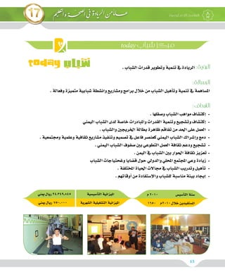 15
today ‫شباب‬ ‫مركز‬
.‫ال�شباب‬‫قدرات‬‫وتطوير‬‫تنمية‬‫يف‬‫الريادة‬ :‫الرؤية‬
:‫الرسالة‬
.‫وفعالة‬‫متميزة‬‫�شبابية‬‫وان�شطة‬‫وم�شاريع‬‫برامج‬‫خالل‬‫من‬‫ال�شباب‬‫أهيل‬�‫وت‬‫تنمية‬‫يف‬ ‫امل�ساهمة‬
:‫األهداف‬
.‫و�صقلها‬‫ال�شباب‬‫مواهب‬‫إكت�شاف‬� -
‫اليمني‬‫ال�شباب‬‫لدى‬‫خا�صة‬‫واملبادرات‬‫القدرات‬‫وتنمية‬‫وت�شجيع‬‫إكت�شاف‬� -
.‫وال�شباب‬‫اخلريجني‬‫بطالة‬‫ظاهرة‬‫تفاقم‬‫من‬‫احلد‬‫على‬‫العمل‬ -
.‫وجمتمعية‬‫وعلمية‬‫ثقافية‬‫م�شاريع‬‫وتنفيذ‬‫ت�صميم‬‫يف‬ ‫فاعل‬‫كعن�صر‬‫اليمني‬‫ال�شباب‬‫إ�شراك‬�‫و‬‫دمج‬ -
.‫اليمني‬‫ال�شباب‬‫�صفوف‬‫بني‬‫التطوعي‬‫العمل‬‫ثقافة‬‫ودعم‬‫ت�شجيع‬ -
.‫اليمن‬‫يف‬ ‫ال�شباب‬‫بني‬‫احلوار‬‫ثقافة‬‫تعزيز‬-
‫ال�شباب‬‫وغحتياجات‬‫ق�ضايا‬‫حول‬‫والدويل‬‫املحلي‬‫املجتمع‬‫وعي‬‫زيادة‬ -
.‫املختلفة‬‫احلياة‬‫جماالت‬ ‫يف‬ ‫ال�شباب‬‫وتدريب‬‫أهيل‬�‫ت‬ -
.‫أوقاتهم‬�‫من‬‫إ�ستفادة‬‫ل‬‫وا‬‫لل�شباب‬‫منا�سبة‬‫بيئة‬‫إيجاد‬� -
‫ميني‬ ‫ريال‬24,349,845 	 ‫أ�سي�سية‬�‫الت‬‫امليزانية‬
‫ميني‬ ‫ريال‬ 750,000 ‫ال�شهرية‬‫الت�شغيلية‬‫امليزانية‬
‫م‬2010 ‫أ�سي�س‬�‫الت‬‫�سنة‬
1650 ‫0102م‬‫خالل‬‫امل�ستفيدين‬
 