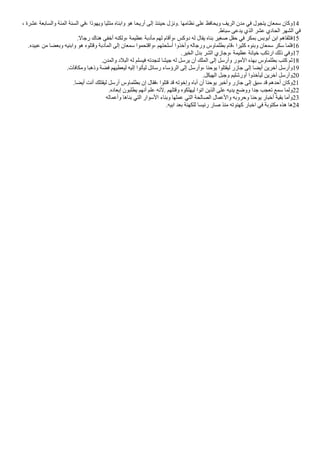 ، ‫عشرة‬ ‫وألسابعة‬ ‫ألمئة‬ ‫ألسنة‬ ‫في‬، ‫ويهوذأ‬ ‫متثيا‬ ‫وأبناه‬ ‫هو‬ ‫أريحا‬ ‫إلى‬ ‫حينئذ‬ ‫ونزل‬. ‫نظامها‬ ‫على‬ ‫ويحافظ‬ ‫ألريف‬ ‫مدن‬ ‫في‬ ‫يتجول‬ ‫سمعان‬ ‫وكان‬14
.‫سباط‬ ‫يدعى‬ ‫ألذي‬ ‫عشر‬ ‫ألحادي‬ ‫ألشهر‬ ‫في‬
.‫رجال‬ ‫هناك‬ ‫أخفى‬ ‫ولكنه‬، ‫عظيمة‬ ‫مأدبة‬ ‫لهم‬ ‫وأقام‬، ‫دوكس‬ ‫له‬ ‫يقال‬ ‫بناه‬ ‫صغير‬ ‫حقل‬ ‫في‬ ‫بمكر‬ ‫أبوبس‬ ‫أبن‬ ‫فتلقاهم‬15
.‫عبيده‬ ‫من‬ ‫وبعضا‬ ‫وأبنيه‬ ‫هو‬ ‫وقتلوه‬ ‫ألمأدبة‬ ‫إلى‬ ‫سمعان‬ ‫وأقتحموأ‬، ‫أسلحتهم‬ ‫وأخذوأ‬ ‫ورجاله‬ ‫بطلماوس‬ ‫قام‬، ‫كثيرأ‬ ‫وبنوه‬ ‫سمعان‬ ‫سكر‬ ‫فلما‬16
.‫ألخير‬ ‫بدل‬ ‫ألشر‬ ‫وجازي‬، ‫عظيمة‬ ‫خيانة‬ ‫أرتكب‬ ‫ذلك‬ ‫وفي‬17
.‫وألمدن‬ ‫ألبلد‬ ‫له‬ ‫فيسلم‬ ‫لنجدته‬ ‫جيشا‬ ‫له‬ ‫يرسل‬ ‫أن‬ ‫ألملك‬ ‫إلى‬ ‫وأرسل‬ ‫ألمور‬ ‫بهذه‬ ‫بطلماوس‬ ‫كتب‬ ‫ثم‬18
.‫ومكافآت‬ ‫وذهبا‬ ‫فضة‬ ‫ليعطيهم‬ ‫إليه‬ ‫ليأتوأ‬ ‫رسائل‬ ‫ألرؤساء‬ ‫إلى‬ ‫وأرسل‬، ‫يوحنا‬ ‫ليقتلوأ‬ ‫جازر‬ ‫إلى‬ ‫أيضا‬ ‫آخرين‬ ‫وأرسل‬19
.‫ألهيكل‬ ‫وجبل‬ ‫أورشليم‬ ‫ليأخذوأ‬ ‫آخرين‬ ‫وأرسل‬20
.‫أيضا‬ ‫أنت‬ ‫ليقتلك‬ ‫أرسل‬ ‫بطلماوس‬ ‫إن‬ ‫فقال‬، ‫قتلوأ‬ ‫قد‬ ‫وإخوته‬ ‫أباه‬ ‫أن‬ ‫يوحنا‬ ‫وأخبر‬ ‫جازر‬ ‫إلى‬ ‫سبق‬ ‫قد‬ ‫أحدهم‬ ‫وكان‬21
.‫إبعاده‬ ‫يطلبون‬ ‫أنهم‬ ‫علم‬ ‫لنه‬. ‫وقتلهم‬ ‫ليهلكوه‬ ‫أتوأ‬ ‫ألذين‬ ‫على‬ ‫يديه‬ ‫ووضع‬ ‫جدأ‬ ‫تعجب‬ ‫سمع‬ ‫ولما‬22
‫وأعماله‬ ‫بناها‬ ‫ألتي‬ ‫ألسوأر‬ ‫وبناء‬ ‫عملها‬ ‫ألتي‬ ‫ألصالحة‬ ‫وألعمال‬ ‫وحروبه‬ ‫يوحنا‬ ‫أخبار‬ ‫بقية‬ ‫وأما‬23
.‫أبيه‬ ‫بعد‬ ‫للكهنة‬ ‫رئيسا‬ ‫صار‬ ‫منذ‬ ‫كهنوته‬ ‫أخبار‬ ‫في‬ ‫مكتوبة‬ ‫هذه‬ ‫ها‬24
 