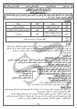 ‫العربية‬ ‫اللغة‬ ‫في‬ ‫البيان‬ ‫سحر‬‫اإلعدادي‬ ‫الثاني‬ ‫الصف‬‫الثاني‬ ‫الدراسي‬ ‫الفصل‬
22
(3)‫أحسن‬ ‫الله‬ ‫تبارك‬‫الخالقين‬
1-‫المميت‬ ‫المحيي‬ ‫هو‬ ‫الله‬
ُ‫م‬‫ا‬‫ا‬ُ‫ك‬ِ‫ل‬ِ‫ذ‬ ّ‫اي‬‫ا‬ِ‫ح‬ْ‫ل‬‫ا‬ ِ‫ان‬‫ا‬ِ‫م‬ ِ‫ت‬‫ا‬‫ا‬ّ‫ي‬ِ‫م‬ْ‫ل‬‫ا‬ ُ‫ج‬ ِ‫ار‬‫ا‬ْ‫خ‬ُ‫م‬ِ‫و‬ ِ‫ت‬‫ا‬‫ا‬ّ‫ي‬ِ‫م‬ْ‫ل‬‫ا‬ ِ‫ان‬‫ا‬ِ‫م‬ ّ‫اي‬‫ا‬ِ‫ح‬ْ‫ل‬‫ا‬ ُ‫ج‬ ِ‫ار‬‫ا‬ْ‫خ‬ُ‫ي‬ ِ‫ى‬ِ‫او‬‫ا‬ّ‫ن‬‫ال‬ِ‫و‬ ّ‫اب‬‫ا‬ِ‫ح‬ْ‫ل‬‫ا‬ ُ‫ق‬ِ‫ل‬‫اا‬‫ا‬ِ‫ف‬ ِ‫ه‬‫ا‬‫ا‬ّ‫ل‬‫ال‬ ّ‫ن‬ِ‫إ‬( :‫االى‬‫ا‬‫تع‬ ‫اال‬‫ا‬‫ق‬ِ‫ى‬ّ‫ن‬ِ‫أ‬‫ا‬‫ا‬ِ‫ف‬ ُ‫ه‬‫ا‬‫ا‬ّ‫ل‬‫ال‬
ِ‫ُون‬‫ك‬ِ‫ف‬ْ‫ؤ‬ُ‫ت‬‫األنعام‬ :‫[سورة‬ )-:‫اآلية‬95]
‫المفردات‬
‫الكلمة‬‫معناها‬‫الكلمة‬‫معناها‬
‫فالق‬)‫(خالق‬ ‫،والمراد‬ ‫شاق‬‫والنو‬ ‫الحب‬ ‫فالق‬‫والنو‬ ‫الحب‬ ‫يشق‬
‫الحب‬)‫م(حبة‬ ‫البزر‬‫الحي‬)‫ج(أحياء‬ ‫والنبات‬ ‫الحيوان‬ ‫من‬ ‫ينمو‬ ‫ما‬
‫الميت‬
‫والحبة‬ ‫كالبيضة‬ ‫ينمو‬ ‫ال‬ ‫ما‬
‫ج‬ ‫والنواة‬)‫وموتى‬ ‫(أموات‬
‫ذالكم‬‫إشا‬ ‫اسم‬‫رة‬
‫فأنى‬
‫تؤفكون‬
. ‫وعبادته‬ ‫توحيده‬ ‫عن‬ ‫تصرفون‬ ‫فكيف‬
‫الشرح‬
‫الحي‬ ‫يخرج‬ ،‫الشجر‬ ‫منه‬ ‫فيخرج‬ ‫النوى‬ ‫ويشق‬ ، ‫الزرع‬ ‫منه‬ ‫فيخرج‬ ، ‫الحب‬ ‫يشق‬ ‫أنه‬ : ‫الله‬ ‫قدرة‬ ‫دالئل‬ ‫من‬ "
‫الحي‬ ‫الزرع‬ ‫من‬ ‫والثمر‬ ‫كالحب‬ ‫؛‬ ‫الحي‬ ‫من‬ ‫الميت‬ ‫الميت،ويخرج‬ ‫الجاف‬ ‫الحب‬ ‫من‬ ‫الحي‬ ‫:كالزرع‬ ‫الميت‬ ‫من‬
‫ف‬ ‫الذي‬ ‫الله‬ ‫ذلكم‬‫تصرفون‬ ‫هذا،فكيف‬ ‫عل‬-‫الجاهلون‬ ‫أيها‬-‫طريق‬ ‫عن‬ ‫وتبتعدون‬ ‫وعبادته‬ ‫توحيده‬ ‫عن‬
" ‫؟‬ ‫الهدايةواإليمان‬
: ‫ج‬ & ‫س‬-
‫س‬1‫؟‬ ‫السابقة‬ ‫اآلية‬ ‫في‬ ‫الله‬ ‫قدرة‬ ‫دالئل‬ ‫ما‬ ‫ـ‬
‫كالزرع‬ : ‫الميت‬ ‫من‬ ‫الحي‬ ‫يخرج‬ ،‫الشجر‬ ‫منه‬ ‫فيخرج‬ ‫النوى‬ ‫ويشق‬ ، ‫الزرع‬ ‫من‬ ‫فيخرج‬ ، ‫الحب‬ ‫يشق‬ : ‫ج‬
، ‫الميت‬ ‫الجاف‬ ‫الحب‬ ‫من‬ ‫الحي‬. ‫الحي‬ ‫الزرع‬ ‫من‬ ‫والثمر‬ ‫كالحب‬ ‫؛‬ ‫الحي‬ ‫من‬ ‫الميت‬ ‫ويخرج‬
‫س‬2‫؟‬ ‫تؤكد‬ ‫فماذا‬ ، ‫بالتأكيد‬ ‫اآليات‬ ‫تبدأ‬ ‫ـ‬
.‫الحياة‬ ‫منها‬ ‫ليخرج‬ ‫والنواة‬ ‫الحبة‬ ‫يشق‬ ‫الذي‬ ‫الله‬ ‫قدرة‬ ‫:تؤكد‬ ‫ج‬
‫س‬3‫؟‬ ‫منهما‬ ‫أخرج‬ ‫وماذا‬ ‫والنوى؟‬ ‫الحب‬ ‫فلق‬ ‫الذي‬ ‫من‬ ‫ـ‬
‫و‬ ، ‫الزرع‬ ‫منه‬ ‫فيخرج‬ ، ‫الحب‬ ‫يشق‬ ‫وتعالى‬ ‫سبحانه‬ ‫:الله‬ ‫ج‬.‫الشجر‬ ‫منه‬ ‫فيخرج‬ ‫النوى‬ ‫يشق‬
‫س‬4‫؟‬ ‫قبلها‬ ‫بما‬ " ‫الميت‬ ‫من‬ ‫الحي‬ ‫يخرج‬ " ‫عالقة‬ ‫ما‬ ‫ـ‬.‫وبيان‬ ‫:توضيح‬ ‫ج‬
‫س‬5-‫؟‬ ‫الخلق‬ ‫من‬ ‫الحكمة‬ ‫ما‬. ‫وحده‬ ‫الله‬ ‫عبادة‬ ‫هي‬ :‫ج‬
‫س‬6-‫البعث؟‬ ‫ليوم‬ ‫اإلنسان‬ ‫يستعد‬ ‫كيف‬:‫ج‬. ‫الصالح‬ ‫والعمل‬ ‫بالتقوى‬ ‫يستعد‬
‫س‬7-‫؟‬ ‫والنوى‬ ‫الحب‬ ‫بين‬ ‫الفرق‬ ‫ما‬
‫الحبوب‬‫األرز‬ ‫و‬ ‫الشعير‬ ‫و‬ ‫القمح‬ ‫مثل‬ ‫تؤكل‬ ‫و‬ ‫تزرع‬ :
‫أما‬‫النواة‬‫النواة‬ ‫تؤكل‬ ‫وال‬ ‫ثمارها‬ ‫نأكل‬ ‫نخلة‬ ‫أو‬ ‫شجرة‬ ‫عنها‬ ‫يخرج‬ :
‫الجمال‬ ‫مواطن‬
‫الحب‬ ‫فالق‬ ‫الله‬ ‫"إن‬‫و‬:" ‫النو‬‫مؤكد‬ ‫أسلوب‬‫أداته‬"‫"إن‬‫يؤكد‬‫قدرة‬‫الذ‬ ‫الله‬‫يشق‬ ‫ي‬‫والنواة‬ ‫الحبة‬‫منها‬ ‫ليخرج‬‫الحياة‬
. ‫وبيان‬ ‫توضيح‬ : ‫قبلها‬ ‫بما‬ " ‫الميت‬ ‫من‬ ‫الحي‬ ‫"يخرج‬ ‫عالقة‬
‫والبعث‬ ‫اإلحياء‬ ‫على‬ ‫الله‬ ‫قدرة‬ ‫وهو‬ ، ‫ويوضحه‬ ‫المعنى‬ ‫يبرز‬ ‫تضاد‬ :"‫و"الميت‬ "‫الحي‬ "‫وبين‬-‫جاء‬ ‫وقد‬
‫للتجدد‬ :‫المضارع‬ ‫الفعل"يخرج"بصيغة‬‫واالستمراربينما‬‫جاء‬"‫الميت‬ ‫"مخرج‬‫:ل‬ً‫ا‬‫اسم‬‫الدوام‬ ‫على‬ ‫لداللة‬‫والثبوت‬
. ‫العالمين‬ ‫رب‬ ‫قدرة‬ ‫عن‬ ‫الغافلين‬ ‫هؤالء‬ ‫من‬ ‫والتعجب‬ ‫لالستنكار‬ ‫؛‬ ‫استفهام‬ : "‫تؤفكون‬ ‫"فأنى‬
 