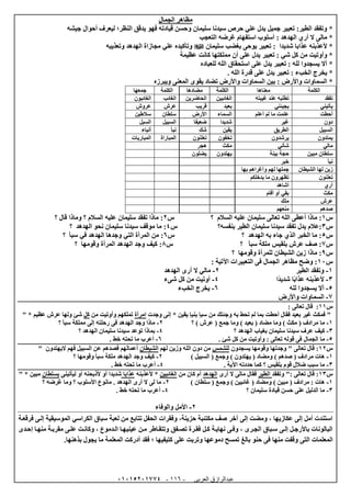 ‫العربى‬ ‫عبدالرازق‬51510251110 -111-
‫الجمال‬ ‫مظاهر‬
*‫وحسن‬ ‫سليمان‬ ‫سيدنا‬ ‫حرص‬ ‫علي‬ ‫يدل‬ ‫جميل‬ ‫تعبير‬ :‫الطير‬ ‫وتفقد‬‫قياد‬‫أحوال‬ ‫ليعرف‬ ‫النظر؛‬ ‫يدقق‬ ‫فهو‬ ‫ته‬‫جيش‬‫ه‬
*‫مال‬‫ى‬‫غرض‬ ‫استفهام‬ ‫أسلوب‬ : ‫الهدهد‬ ‫أري‬ ‫ال‬‫ه‬‫التعجب‬
*‫ألعذب‬‫نه‬‫تعبير‬ : ‫شديدا‬ ‫عذابا‬‫يوحى‬‫ب‬‫سليمان‬ ‫غضب‬‫و‬‫تأكيده‬‫وتعذيب‬ ‫الهدهد‬ ‫مجازاة‬ ‫علي‬‫ه‬
*‫و‬‫أو‬‫تعبير‬ : ‫شي‬ ‫كل‬ ‫من‬ ‫تيت‬‫عظيمة‬ ‫كانت‬ ‫مملكتها‬ ‫أن‬ ‫على‬ ‫يدل‬
*‫للعباده‬ ‫الله‬ ‫استحقاق‬ ‫على‬ ‫يدل‬ ‫تعبير‬ : ‫لله‬ ‫يسجدوا‬ ‫أال‬
*‫الخبء‬ ‫يخرج‬‫على‬ ‫يدل‬ ‫تعبير‬ :‫الله‬ ‫قدرة‬.
*‫السم‬ ‫بين‬ : ‫واألرض‬ ‫السماوات‬‫ا‬‫وات‬‫واألرض‬‫تضاد‬‫ويبرزه‬ ‫المعنى‬ ‫يقوى‬
‫الكلمة‬‫معناها‬‫الكلمة‬‫مضادها‬‫الكلمة‬‫جمعها‬
‫تفقد‬‫تطلبه‬‫عند‬‫غيبته‬‫الغائبين‬‫الحاضرين‬‫الغائب‬‫الغائبون‬
‫يأتيني‬‫يجيئني‬‫بعيد‬‫قريب‬‫عرش‬‫عروش‬
‫أحطت‬‫أعلم‬ ‫لم‬ ‫ما‬ ‫علمت‬‫السماء‬‫األرض‬‫سلطان‬‫سالطين‬
‫دون‬‫غير‬‫شديدا‬‫ضعيفا‬‫السبيل‬‫السبل‬
‫السبيل‬‫الطريق‬‫يقين‬‫شك‬‫نبأ‬‫أنباء‬
‫يمتدون‬‫يرشدون‬‫تخفون‬‫تعلنون‬‫المباراة‬‫المباريات‬
‫مال‬‫ي‬‫شأني‬‫مكث‬‫هجر‬
‫مبين‬ ‫سلطان‬‫بينة‬ ‫حجة‬‫يهتدون‬‫يضلون‬
‫نبأ‬‫خبر‬
‫الشيطان‬ ‫لها‬ ‫زين‬‫بها‬ ‫وأغراهم‬ ‫لهم‬ ‫جملها‬
‫تعلنون‬‫بدخلكم‬ ‫ما‬ ‫تظهرون‬
‫أري‬‫أشاهد‬
‫مكث‬‫أقام‬ ‫أو‬ ‫بقي‬
‫عرش‬‫ملك‬
‫صدهم‬‫منعهم‬
‫س‬1:‫؟‬ ‫السالم‬ ‫عليه‬ ‫سليمان‬ ‫تعالى‬ ‫الله‬ ‫أعطى‬ ‫ماذا‬‫س‬2:‫؟‬ ‫قال‬ ‫وماذا‬ ‫؟‬ ‫السالم‬ ‫عليه‬ ‫سليمان‬ ‫تفقد‬ ‫ماذا‬
‫س‬3:‫بنفسه؟‬ ‫الطير‬ ‫سليمان‬ ‫سيدنا‬ ‫تفقد‬ ‫يدل‬ ‫عالم‬‫س‬0:‫؟‬ ‫الهدهد‬ ‫نحو‬ ‫سليمان‬ ‫سيدنا‬ ‫موقف‬ ‫ما‬
‫س‬0:‫؟‬ ‫الهدهد‬ ‫به‬ ‫جاء‬ ‫الذي‬ ‫الخبر‬ ‫ما‬‫س‬6:‫وجدها‬ ‫التي‬ ‫المرأة‬ ‫من‬‫؟‬ ‫سبأ‬ ‫في‬ ‫الهدهد‬
‫س‬1:‫؟‬ ‫سبأ‬ ‫ملكة‬ ‫بلقيس‬ ‫عرش‬ ‫صف‬‫س‬8:‫المرأة‬ ‫الهدهد‬ ‫وجد‬ ‫كيف‬‫وقومها‬‫؟‬
‫س‬2:‫؟‬ ‫وقومها‬ ‫للمرأة‬ ‫الشيطان‬ ‫زين‬ ‫ماذا‬
‫س‬15: ‫اآلتية‬ ‫التعبيرات‬ ‫فى‬ ‫الجمال‬ ‫مظاهر‬ ‫وضح‬ :
1-‫الطير‬ ‫وتفقد‬2-‫الهدهد‬ ‫أرى‬ ‫ال‬ ‫مالي‬
3-‫ًا‬‫د‬‫شدي‬ ‫ا‬ً‫ب‬‫عذا‬ ‫ألعذبنه‬0-‫ش‬ ‫كل‬ ‫من‬ ‫أوتيت‬‫ى‬‫ء‬
0-‫لله‬ ‫يسجدوا‬ ‫أال‬6-‫الخبء‬ ‫يخرج‬
1-‫السم‬‫ا‬‫و‬‫واألرض‬ ‫ات‬
‫س‬11‫تعالى‬ ‫قال‬ ::
‫وجئتك‬ ‫به‬ ‫تحط‬ ‫لم‬ ‫بما‬ ‫أحطت‬ ‫فقال‬ ‫بعيد‬ ‫غير‬ ‫فمكث‬ "‫وجدت‬ ‫إنى‬ * ‫يقين‬ ‫بنبإ‬ ‫سبإ‬ ‫من‬‫امرأة‬‫من‬ ‫وأوتيت‬ ‫تملكهم‬‫كل‬" * ‫عظيم‬ ‫عرش‬ ‫ولها‬ ‫شئ‬
1-‫؟‬ ) ‫عرش‬ ( ‫جمع‬ ‫وما‬ ) ‫بعيد‬ ( ‫مضاد‬ ‫وما‬ ) ‫مكث‬ ( ‫مرادف‬ ‫ما‬2-‫؟‬ ‫سبأ‬ ‫مملكة‬ ‫إلى‬ ‫رحلته‬ ‫فى‬ ‫الهدهد‬ ‫وجد‬ ‫ماذا‬
3-‫؟‬ ‫الهدهد‬ ‫بغياب‬ ‫سليمان‬ ‫سيدنا‬ ‫عرف‬ ‫كيف‬0-‫؟‬ ‫الهدهد‬ ‫سليمان‬ ‫سيدنا‬ ‫توعد‬ ‫بماذا‬
0-‫الجم‬ ‫ما‬‫ا‬. ‫شئ‬ ‫كل‬ ‫من‬ ‫وأوتيت‬ : ‫تعالى‬ ‫قوله‬ ‫فى‬ ‫ل‬6-. ‫خط‬ ‫تحته‬ ‫ما‬ ‫أعرب‬
‫س‬12‫يسجدون‬ ‫وقومها‬ ‫وجدتها‬ " ‫تعالى‬ ‫قال‬ :‫للشمس‬‫لهم‬ ‫وزين‬ ‫الله‬ ‫دون‬ ‫من‬‫الشيطان‬‫اليهتدو‬ ‫فهم‬ ‫السبيل‬ ‫عن‬ ‫فصدهم‬ ‫أعمالهم‬" ‫ن‬
1-) ‫السبيل‬ ( ‫وجمع‬ ) ‫يهتدون‬ ( ‫ومضاد‬ ) ‫صدهم‬ ( ‫مرادف‬ ‫هات‬2-‫؟‬ ‫وقومها‬ ‫سبأ‬ ‫ملكة‬ ‫الهدهد‬ ‫وجد‬ ‫كيف‬
3-. ‫اآلية‬ ‫حددته‬ ‫كما‬ ‫؟‬ ‫بلقيس‬ ‫قوم‬ ‫ضالل‬ ‫سبب‬ ‫ما‬0-. ‫خط‬ ‫تحته‬ ‫ما‬ ‫أعرب‬
‫س‬13‫وتفقد‬ ": ‫تعالى‬ ‫قال‬ :‫الطير‬‫أرى‬ ‫ال‬ ‫مالى‬ ‫فقال‬‫الهدهد‬‫من‬ ‫كان‬ ‫أم‬‫الغائبين‬‫ألعذبنه‬ *‫عذابا‬‫ليأتينى‬ ‫أو‬ ‫ألذبحنه‬ ‫أو‬ ‫شديدا‬‫بسلطان‬" * ‫مبين‬
1-) ‫سلطان‬ ( ‫وجمع‬ ) ‫غائبين‬ ( ‫ومضاد‬ ) ‫مبين‬ ( ‫مرادف‬ : ‫هات‬2-‫؟‬ ‫غرضه‬ ‫وما‬ ‫؟‬ ‫األسلوب‬ ‫مانوع‬ . ‫الهدهد‬ ‫أرى‬ ‫ال‬ ‫لى‬ ‫ما‬
3-‫؟‬ ‫سليمان‬ ‫قيادة‬ ‫حسن‬ ‫على‬ ‫الدليل‬ ‫ما‬0-. ‫خط‬ ‫تحته‬ ‫ما‬ ‫أعرب‬
2-‫والوفاء‬ ‫األمل‬
‫فرقعتة‬ ‫إلتى‬ ‫الموسيقية‬ ‫الكراسي‬ ‫سباق‬ ‫لعبة‬ ‫من‬ ‫تتابع‬ ‫الحفل‬ ‫وفقرات‬ ،‫حزينة‬ ‫مكتئبة‬ ‫صف‬ ‫آخر‬ ‫إلى‬ ‫ومضت‬ ، ‫عكازيها‬ ‫إلى‬ ‫أمل‬ ‫استندت‬
‫عيني‬ ‫متن‬ ‫وتتقتاطر‬ ‫تصتفق‬ ‫فقترة‬ ‫كتل‬ ‫نهايتة‬ ‫وفتى‬ ، ‫الجترى‬ ‫ستباق‬ ‫إلتى‬ ‫باألرجتل‬ ‫البالونات‬‫إحتدى‬ ‫منهتا‬ ‫مقربتة‬ ‫علتى‬ ‫وكانتت‬ ، ‫التدموع‬ ‫هتا‬
‫وقفت‬ ‫التى‬ ‫المعلمات‬‫منها‬‫دموعها‬ ‫تمسح‬ ‫بالغ‬ ‫حنو‬ ‫فى‬.‫بذهنها‬ ‫يجول‬ ‫ما‬ ‫المعلمة‬ ‫أدركت‬ ‫فقد‬ ‫؛‬ ‫كتيفيها‬ ‫على‬ ‫وتربت‬
 