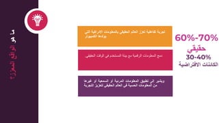 ‫تجربة‬
‫تفاعلية‬
‫تعزز‬
‫العالم‬
‫الحقيقي‬
‫بالمعلومات‬
‫اإلدراكية‬
‫الت‬
‫ي‬
‫يولدها‬
‫الكمبيوتر‬
‫ويشير‬
‫إلى‬
‫تطبيق‬
‫المعلومات‬
‫المرئية‬
‫أو‬
‫السمعية‬
‫أو‬
‫غيرها‬
‫من‬
‫المعلومات‬
‫الحسية‬
‫في‬
‫العالم‬
‫الحقيقي‬
‫لتعزيز‬
‫التجربة‬
‫دمج‬
‫المعلومات‬
‫الرقمية‬
‫مع‬
‫بيئة‬
‫المستخدم‬
‫في‬
‫الوقت‬
‫الحقيقي‬
.
‫هو‬
‫ما‬
‫المعزز؟‬
‫الواقع‬
60%-70%
‫حقيقي‬
30-40%
‫االفتراضية‬ ‫الكائنات‬
 