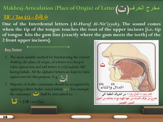 15
‫الحرف‬ ‫مخرج‬(‫ت‬)
Tā' /Taa (t) – )‫(تـا‬ ‫ت‬
One of the Interdental letters (Al-Huruf Al-Nit'iyyah). The sound comes
when the tip of the tongue touches the root of the upper incisors [i.e. tip
of tongue hits the gum line (exactly where the gum meets the teeth) of the
2 front upper incisors].
Key Notes:
1. The most suitable method for familiarizing the correct
Makhraj, the place of origin, of a letter is to keep it
Sakin (quiescent) and add before it (Alif maftuh)Alif
having fathah. All the alphabet letters are kept in Sakin
(quiescent) for this purpose. E.g.
2. Majority ofArabic consonants should be recognized by
applying a shortArabic vowel fathah (a’). For example
the consonant shall be articulated as:
= (Tā’) or (Taa).
‫َت‬‫أ‬
‫ت‬
‫ـا‬‫ـ‬‫ت‬
‫خ‬
‫التاء‬(‫ت‬+ )‫الدال‬(‫د‬)-‫التي‬ ‫النطعية‬ ‫الحروف‬ ‫من‬
‫أصول‬ ‫من‬ ‫يحاذيو‬ ‫ما‬ ‫مع‬ ‫ظهره‬ ‫جهة‬ ‫من‬ ‫اللسان‬ ‫طرف‬ ‫من‬ ‫تخرج‬
‫العلويتين‬ ‫الثنيتين‬
(‫د‬)(‫خ‬)
 