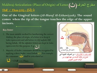 22
‫الحرف‬ ‫مخرج‬(‫ث‬)
Thā' / Thaa (th) – )‫(ثـا‬ ‫ث‬
One of the Gingival letters (Al-Huruf Al-Lithawiyyah). The sound
comes when the tip of the tongue touches the edge of the upper
incisors.
Key Notes:
1. The most suitable method for familiarizing the correct
Makhraj, the place of origin, of a letter is to keep it
Sakin (quiescent) and add before it (Alif maftuh)Alif
having fathah. All the alphabet letters are kept in Sakin
(quiescent) for this purpose. E.g.
2. Majority ofArabic consonants should be recognized by
applying a shortArabic vowel fathah (a’). For example
the consonant shall be articulated as:
= (Thā’) or (Thaa).
‫َث‬‫أ‬
‫ث‬
‫ـا‬‫ـ‬‫ث‬
‫ز‬
‫من‬ ‫و‬ ‫ظهره‬ ‫جهة‬ ‫من‬ ‫اللسان‬ ‫طرف‬ ‫من‬ ‫تخرج‬
‫العلويتين‬ ‫الثنيتين‬ ‫اف‬‫ر‬‫أط‬
‫ـاء‬‫ث‬‫ال‬(‫ث‬+ )‫الذال‬(‫ذ‬)-‫التي‬ ‫ـوية‬‫ـ‬‫ث‬‫الل‬ ‫الحروف‬ ‫من‬
(‫ذ‬)(‫ز‬)
 