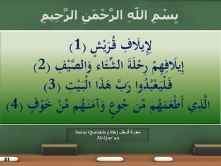 21
ْ
ْ ٍ‫ش‬‫ي‬َ‫ر‬ُ‫ـ‬‫ق‬ْ ِ‫ف‬ َ‫يَل‬ِِ‫ِل‬(1)
ْْ ِ‫ف‬‫ي‬َّ‫الص‬َ‫اءْو‬َ‫ت‬ِّ‫ْالش‬َ‫ة‬َ‫ل‬‫ح‬ِ‫ر‬ْ‫م‬ِ‫ه‬ِ‫ف‬ َ‫يَل‬ِ‫إ‬(2)
ِْ ِ‫ت‬‫ي‬َ‫ـ‬‫ب‬‫اْال‬َ‫ذ‬َ‫ْى‬َّ‫ب‬َ‫واْر‬ُ‫د‬ُ‫ب‬‫ع‬َ‫ـ‬‫ي‬‫ل‬َ‫ـ‬‫ف‬(3)
ِْ ٍ‫ف‬‫و‬َ‫خ‬ْ‫ن‬ِّ‫مْم‬ُ‫ه‬َ‫ـ‬‫ن‬َ‫آم‬َ‫ْو‬ٍ‫وع‬ُ‫نْج‬ِّ‫مْم‬ُ‫ه‬َ‫م‬َ‫ع‬‫َط‬‫أ‬ْ‫ي‬ِ‫ذ‬َّ‫ل‬‫ا‬(4)ْ
Surat Quraish (106) ‫سورة‬‫ريش‬ُ‫ق‬
Al-Qur'an
ِ‫يم‬ِ‫ح‬َّ‫ر‬‫ال‬ ِ‫ن‬َ‫م‬ْ‫ح‬َّ‫ر‬‫ال‬ ِ‫ه‬ّ‫ل‬‫ال‬ ِ‫م‬ ْ‫س‬ِ‫ب‬
 