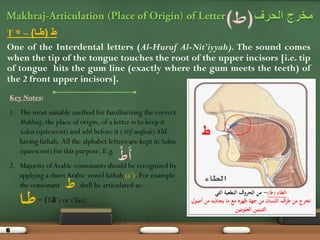 6
‫الحرف‬ ‫مخرج‬(‫ط‬)
T * – )‫(طـا‬ ‫ط‬
One of the Interdental letters (Al-Huruf Al-Nit'iyyah). The sound comes
when the tip of the tongue touches the root of the upper incisors [i.e. tip
of tongue hits the gum line (exactly where the gum meets the teeth) of
the 2 front upper incisors].
Key Notes:
1. The most suitable method for familiarizing the correct
Makhraj, the place of origin, of a letter is to keep it
Sakin (quiescent) and add before it (Alif maftuh)Alif
having fathah. All the alphabet letters are kept in Sakin
(quiescent) for this purpose. E.g.
2. Majority ofArabic consonants should be recognized by
applying a shortArabic vowel fathah (a’). For example
the consonant shall be articulated as:
= (Tā’) or (Taa).
ْ‫َط‬‫أ‬ْ
‫ط‬ْ
‫ـا‬‫ـ‬‫ط‬ْ
‫ط‬
ْ‫الطاء‬(‫ط‬)-ْ‫منْالحروفْالنطعيةْالتي‬ْ
ْ‫تخرجْمنْطرفْاللسانْمنْجهةْظهرهْمعْماْيحاذيوْمنْأصول‬
‫الثنيتينْالعلويتين‬ْ
 