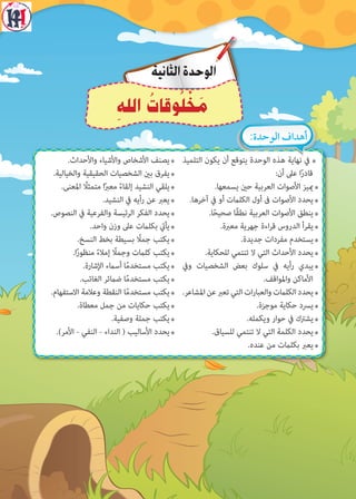 7‫التلميذ‬ ‫يكون‬ ‫أن‬ ‫يتوقع‬ ‫الوحدة‬ ‫هذه‬ ‫نهاية‬ ‫يف‬
:‫أن‬ ‫عىل‬ ‫ا‬ً‫ر‬‫قاد‬
7.‫يسمعها‬ ‫حني‬ ‫العربية‬ ‫األصوات‬ ‫مييز‬
7.‫آخرها‬ ‫يف‬ ‫أو‬ ‫الكلامت‬ ‫أول‬ ‫ىف‬ ‫األصوات‬ ‫يحدد‬
7.‫ا‬ً‫ح‬‫صحي‬ ‫ًا‬‫ق‬‫نط‬ ‫العربية‬ ‫األصوات‬ ‫ينطق‬
7.‫معربة‬ ‫جهرية‬ ‫اءة‬‫ر‬‫ق‬ ‫الدروس‬ ‫يقرأ‬
7.‫جديدة‬ ‫مفردات‬ ‫يستخدم‬
7.‫للحكاية‬ ‫تنتمي‬ ‫ال‬ ‫التي‬ ‫األحداث‬ ‫يحدد‬
7‫ويف‬ ‫الشخصيات‬ ‫بعض‬ ‫سلوك‬ ‫يف‬ ‫رأيه‬ ‫يبدي‬
.‫واملواقف‬ ‫األماكن‬
7.‫املشاعر‬‫عن‬‫تعرب‬‫التي‬‫ات‬‫ر‬‫والعبا‬‫الكلامت‬‫يحدد‬
7.‫موجزة‬ ‫حكاية‬ ‫يرسد‬
7.‫ويكمله‬ ‫حوار‬ ‫يف‬ ‫يشرتك‬
7.‫للسياق‬ ‫تنتمي‬ ‫ال‬ ‫التي‬ ‫الكلمة‬ ‫يحدد‬
7.‫عنده‬ ‫من‬ ‫بكلامت‬ ‫يعرب‬
7.‫واألحداث‬ ‫واألشياء‬ ‫األشخاص‬ ‫يصنف‬
7.‫والخيالية‬ ‫الحقيقية‬ ‫الشخصيات‬ ‫بني‬ ‫يفرق‬
7.‫املعنى‬ ً‫متمثل‬ ‫ا‬ً‫رب‬‫مع‬ ً‫ء‬‫إلقا‬ ‫النشيد‬ ‫يلقي‬
7.‫النشيد‬ ‫يف‬ ‫رأيه‬ ‫عن‬ ‫يعرب‬
7.‫النصوص‬ ‫يف‬ ‫والفرعية‬ ‫الرئيسة‬ ‫الفكر‬ ‫يحدد‬
7.‫واحد‬ ‫وزن‬ ‫عىل‬ ‫بكلامت‬ ‫يأيت‬
7.‫النسخ‬ ‫بخط‬ ‫بسيطة‬ ً‫جمل‬ ‫يكتب‬
7.‫ا‬ً‫ر‬‫منظو‬ ً‫ء‬‫إمل‬ ً‫وجمل‬ ‫كلامت‬ ‫يكتب‬
7.‫اإلشارة‬ ‫أسامء‬ ‫ا‬ً‫م‬‫مستخد‬ ‫يكتب‬
7.‫الغائب‬ ‫ضامئر‬ ‫ا‬ً‫م‬‫مستخد‬ ‫يكتب‬
7.‫االستفهام‬ ‫وعلمة‬ ‫النقطة‬ ‫ا‬ً‫م‬‫مستخد‬ ‫يكتب‬
7.‫معطاة‬ ‫جمل‬ ‫من‬ ‫حكايات‬ ‫يكتب‬
7.‫وصفية‬ ‫جملة‬ ‫يكتب‬
7.)‫األمر‬ - ‫النفي‬ - ‫النداء‬ ( ‫األساليب‬ ‫يحدد‬
:‫الوحدة‬ ‫أهداف‬
‫الثانية‬‫الوحدة‬
ِ‫اهلل‬ ُ‫وقات‬ُ‫ل‬ ْ‫خ‬ َ‫م‬
 