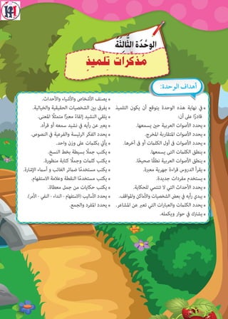 7‫التلميذ‬ ‫يكون‬ ‫أن‬ ‫يتوقع‬ ‫الوحدة‬ ‫هذه‬ ‫نهاية‬ ‫يف‬
:‫أن‬ ‫عىل‬ ‫ا‬ً‫ر‬‫قاد‬
7.‫يسمعها‬ ‫حني‬ ‫العربية‬ ‫األصوات‬ ‫يحدد‬
7.‫املخرج‬ ‫املتقاربة‬ ‫األصوات‬ ‫يحدد‬
7.‫آخرها‬ ‫ىف‬ ‫أو‬ ‫الكلامت‬ ‫أول‬ ‫ىف‬ ‫األصوات‬ ‫يحدد‬
7.‫يسمعها‬ ‫التى‬ ‫الكلامت‬ ‫ينطق‬
7.‫ا‬ً‫ح‬‫صحي‬ ‫ًا‬‫ق‬‫نط‬ ‫العربية‬ ‫األصوات‬ ‫ينطق‬
7.‫معربة‬ ‫جهرية‬ ‫اءة‬‫ر‬‫ق‬ ‫الدروس‬ ‫يقرأ‬
7.‫جديدة‬ ‫مفردات‬ ‫يستخدم‬
7.‫للحكاية‬ ‫تنتمي‬ ‫ال‬ ‫التي‬ ‫األحداث‬ ‫يحدد‬
7.‫واملواقف‬ ‫واألماكن‬ ‫الشخصيات‬ ‫بعض‬ ‫يف‬ ‫رأيه‬ ‫يبدي‬
7.‫املشاعر‬ ‫عن‬ ‫تعرب‬ ‫التي‬ ‫ات‬‫ر‬‫والعبا‬ ‫الكلامت‬ ‫يحدد‬
7.‫ويكمله‬ ‫حوار‬ ‫يف‬ ‫يشرتك‬
7.‫واألحداث‬ ‫واألشياء‬ ‫األشخاص‬ ‫يصنف‬
7.‫والخيالية‬ ‫الحقيقية‬ ‫الشخصيات‬ ‫بني‬ ‫يفرق‬
7.‫املعنى‬ ً‫متمثل‬ ‫ا‬ً‫رب‬‫مع‬ ً‫ء‬‫إلقا‬ ‫النشيد‬ ‫يلقي‬
7.‫قرأه‬ ‫أو‬ ‫سمعه‬ ‫نشيد‬ ‫يف‬ ‫رأيه‬ ‫عن‬ ‫يعرب‬
7.‫النصوص‬ ‫يف‬ ‫والفرعية‬ ‫الرئيسة‬ ‫الفكر‬ ‫يحدد‬
7.‫واحد‬ ‫وزن‬ ‫عىل‬ ‫بكلامت‬ ‫يأيت‬
7.‫النسخ‬ ‫بخط‬ ‫بسيطة‬ ً‫جمل‬ ‫يكتب‬
7.‫منظورة‬ ‫كتابة‬ ً‫وجمل‬ ‫كلامت‬ ‫يكتب‬
7.‫اإلشارة‬ ‫أسامء‬ ‫و‬ ‫الغائب‬ ‫ضامئر‬ ‫ا‬ً‫م‬‫مستخد‬ ‫يكتب‬
7.‫االستفهام‬ ‫وعلمة‬ ‫النقطة‬ ‫ا‬ً‫م‬‫مستخد‬ ‫يكتب‬
7.‫معطاة‬ ‫جمل‬ ‫من‬ ‫حكايات‬ ‫يكتب‬
7.)‫األمر‬ - ‫النفي‬ - ‫النداء‬ - ‫(االستفهام‬ ‫األساليب‬ ‫يحدد‬
7.‫والجمع‬ ‫املفرد‬ ‫يحدد‬
:‫الوحدة‬ ‫أهداف‬
ُ‫ة‬َ‫ث‬ِ‫ل‬‫ا‬َّ‫الث‬‫ة‬َ‫د‬ ْ‫الوح‬
ٍ‫ميذ‬ْ‫ل‬ ِ‫ت‬ ُ‫رات‬ِّ‫ك‬َ‫ذ‬ ُ‫م‬
 