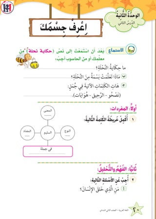 ‫االبتدائي‬ ‫الثاني‬ ‫الصف‬ - ‫العربية‬ ‫اللغة‬ 20
‫الثاني‬ ُ‫َّرس‬‫د‬‫ال‬
ُ‫ة‬‫ي‬ِ‫ن‬‫ا‬َّ‫الث‬ ُ‫ة‬َ‫د‬‫الوح‬
‫من‬ )‫نحلة‬ ‫(حكاية‬ ِّ‫�ص‬َ‫ن‬ ‫إلى‬� َ‫ت‬ْ‫ع‬َ‫م‬َ‫ت‬ ْ‫��س‬ ِ‫ن‬َ‫أ‬� َ‫د‬ْ‫ع‬َ‫ب‬ ´Éªà°S’G
: ْ‫ب‬ ِ‫أج‬�‫الحاسوب‬‫من‬‫أو‬� َ‫ك‬ ِ‫م‬ِّ‫ل‬‫مع‬
‫؟‬ِ‫َة‬‫ل‬ْ‫ح‬َّ‫ن‬‫ال‬ ُ‫اية‬َ‫ك‬ِ‫ح‬ ‫ما‬
‫؟‬ِ‫َة‬‫ل‬ْ‫ح‬َّ‫ن‬‫ال‬ َ‫ن‬ِ‫م‬ ُ‫ة‬َ‫م‬ ْ‫س‬َ‫ب‬ ْ‫ت‬َ‫م‬َّ‫ل‬َ‫ع‬َ‫ت‬ ‫ا‬َ‫ذ‬‫ا‬َ‫م‬ ‫ب‬
:ٍ‫ل‬َ‫م‬ُ‫ج‬ ‫ي‬ِ‫ف‬ َ‫اآلتية‬ ِ‫ات‬َ‫م‬ِ‫ل‬َ‫ك‬‫ال‬ ِ‫ات‬َ‫ه‬ ‍‫ج‬
.)‫ات‬َ‫ي‬‫ا‬َ‫و‬ُ‫ه‬ - ‫يق‬ِ‫ح‬َّ‫الر‬ - ‫و‬ُ‫ح‬ ْ‫ص‬َ‫ن‬(
:‫المفردات‬:ً‫ال‬‫أو‬
:َ‫ة‬‫الي‬َّ‫ت‬‫ال‬ َ‫ة‬‫م‬ِ‫ل‬َ‫ك‬‫ال‬ َ‫ة‬ َ‫ريط‬َ‫خ‬ ْ‫ل‬ِ‫م‬ْ‫ك‬َ‫أ‬
:ُ‫يل‬ِ‫ل‬ ْ‫ح‬َّ‫ت‬‫وال‬ ُ‫م‬ْ‫ه‬َ‫ف‬‫ال‬:‫ا‬ً‫ي‬ِ‫ن‬‫ا‬َ‫ث‬
:ِ‫ة‬‫ي‬ِ‫ل‬‫ا‬ّ‫ت‬‫ال‬ ِ‫ة‬‫ئل‬ ْ‫األس‬ ِ‫ن‬َ‫ع‬ ْ‫ب‬ِ‫ج‬َ‫أ‬
‫؟‬َ‫ان‬ َ‫س‬ْ‫ن‬ِ‫اإل‬ َ‫لق‬َ‫خ‬ ‫ي‬ِ‫َّذ‬‫ل‬‫ا‬ ِ‫ن‬َ‫م‬ ‫أ‬
َ‫ك‬َ‫م‬ ْ‫س‬ِ‫ج‬ ْ‫ف‬ِ‫ر‬ ْ‫ع‬ِ‫ا‬
‫السليم‬
‫المعنى‬
.........
‫النوع‬
......
‫المضاد‬
......
....................................................................................
‫جملة‬ ‫فى‬
 