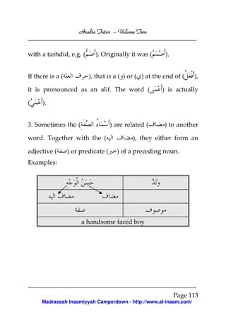 Volume
Arabic Tutor – Volume Two

with a tashdīd, e.g. (
If there is a (

). Originally it was (

), that is a ( ) or ( ) at the end of (

it is pronounced as an alif. The word (
(

).
),

) is actually

).
) are related (

3. Sometimes the (
word. Together with the (
adjective (

) or predicate (

) to another

), they either form an
) of a preceding noun.

Examples:

a handsome faced boy

Page 113
Madrassah Inaamiyyah Camperdown - http://www.al-inaam.com/

 