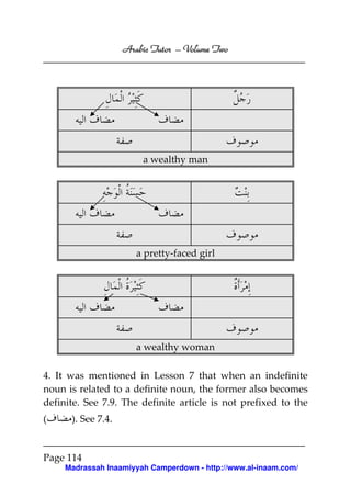 Volume
Arabic Tutor – Volume Two

a wealthy man

a pretty-faced girl

a wealthy woman
4. It was mentioned in Lesson 7 that when an indefinite
noun is related to a definite noun, the former also becomes
definite. See 7.9. The definite article is not prefixed to the
(

). See 7.4.

Page 114
Madrassah Inaamiyyah Camperdown - http://www.al-inaam.com/

 