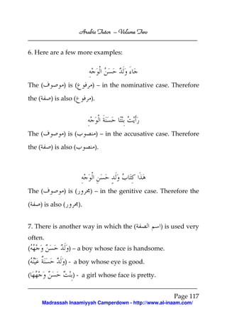 Volume
Arabic Tutor – Volume Two
6. Here are a few more examples:

The (

) – in the nominative case. Therefore

) is also (

the (

The (
the (

).

) is (

) – in the accusative case. Therefore

) is also (

The (
(

) is (

).

) is (

) is also (

) – in the genitive case. Therefore the
).

7. There is another way in which the (

) is used very

often.
(
(
(

) – a boy whose face is handsome.
) - a boy whose eye is good.
) - a girl whose face is pretty.
Page 117
Madrassah Inaamiyyah Camperdown - http://www.al-inaam.com/

 