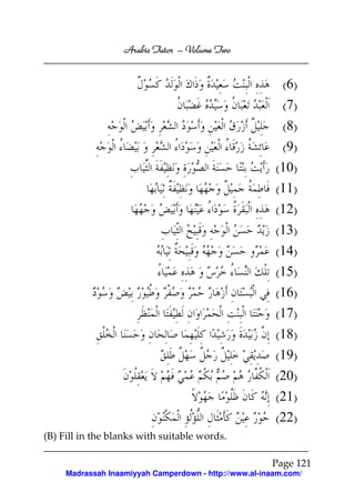 Volume
Arabic Tutor – Volume Two

(6)
(7)
(8)
(9)
(10)
(11)
(12)
(13)
(14)
(15)
(16)
(17)
(18)
(19)
(20)
(21)
(22)
(B) Fill in the blanks with suitable words.
Page 121
Madrassah Inaamiyyah Camperdown - http://www.al-inaam.com/

 