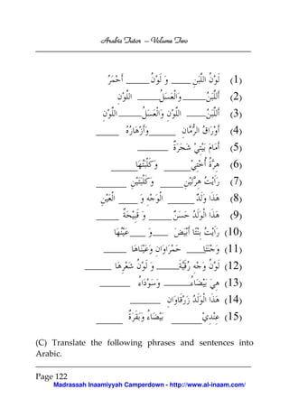 Volume
Arabic Tutor – Volume Two

(1)
(2)
(3)
(4)
(5)
(6)
(7)
(8)
(9)
(10)
(11)
(12)
(13)
(14)
(15)
(C) Translate the following phrases and sentences into
Arabic.
Page 122
Madrassah Inaamiyyah Camperdown - http://www.al-inaam.com/

 