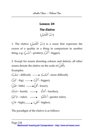 Volume
Arabic Tutor – Volume Two

Lesson 24
The Elative
(

)

1. The elative (

) is a noun that expresses the

excess of a quality in a thing in comparison to another
thing, e.g. (

- prettier), (

- bigger).

2. Except for nouns denoting colours and defects, all other
nouns denote the elative on the scale of (

).

Examples:
(

- difficult)

(

(

- big)

(

(

- little)

(

- bigger),
- lesser),

(

- harsh)

(

(

- ruler)

(

(

- high)

(

- more difficult),

- harsher),
- greater ruler),

- higher).

The paradigm of the elative is as follows:

Page 124
Madrassah Inaamiyyah Camperdown - http://www.al-inaam.com/

 