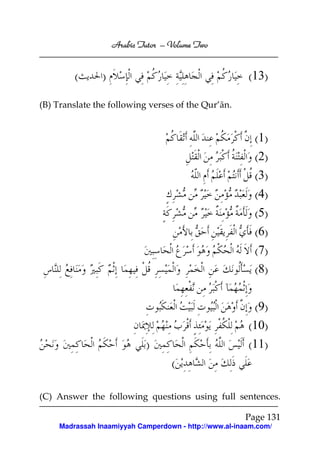 Volume
Arabic Tutor – Volume Two

(

)

(13)

(B) Translate the following verses of the Qur’ān.

(1)
(2)
(3)
(4)
(5)
(6)
(7)
(8)
(9)
(10)
(11)

)
(

(C) Answer the following questions using full sentences.
Page 131
Madrassah Inaamiyyah Camperdown - http://www.al-inaam.com/

 