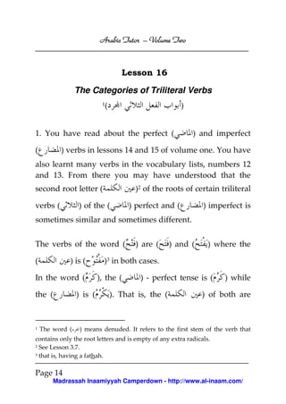 Volume
Arabic Tutor – Volume Two

Lesson 16
The Categories of Triliteral Verbs
1

(

)

1. You have read about the perfect (

) and imperfect

) verbs in lessons 14 and 15 of volume one. You have

(

also learnt many verbs in the vocabulary lists, numbers 12
and 13. From there you may have understood that the
second root letter (
verbs (

)2 of the roots of certain triliteral

) of the (

) perfect and (

) imperfect is

sometimes similar and sometimes different.
The verbs of the word (
(

) is (

In the word (
the (

1

The word (

) is (

) are (

) and (

) where the

)3 in both cases.
), the (

) - perfect tense is (

). That is, the (

) while

) of both are

) means denuded. It refers to the first stem of the verb that

contains only the root letters and is empty of any extra radicals.
See Lesson 3.7.
3 that is, having a fathah.
2

Page 14
Madrassah Inaamiyyah Camperdown - http://www.al-inaam.com/

 