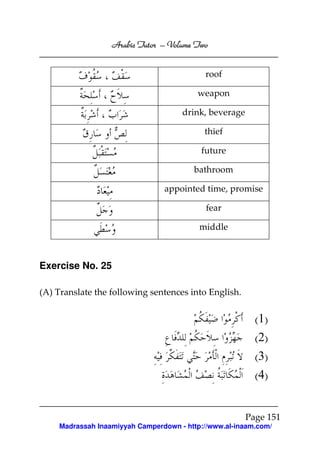 Volume
Arabic Tutor – Volume Two
roof
weapon
drink, beverage
thief
future
bathroom
appointed time, promise
fear
middle

Exercise No. 25
(A) Translate the following sentences into English.

(1)
(2)
(3)
(4)
Page 151
Madrassah Inaamiyyah Camperdown - http://www.al-inaam.com/

 