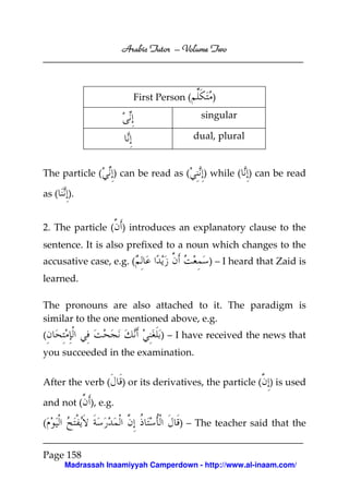 Volume
Arabic Tutor – Volume Two

)

First Person (

singular
dual, plural

The particle (
as (

) can be read as (

) while ( ) can be read

).

2. The particle ( ) introduces an explanatory clause to the
sentence. It is also prefixed to a noun which changes to the
accusative case, e.g. (

) – I heard that Zaid is

learned.
The pronouns are also attached to it. The paradigm is
similar to the one mentioned above, e.g.
(

) – I have received the news that

you succeeded in the examination.
After the verb (

) or its derivatives, the particle ( ) is used

and not ( ), e.g.
(

) – The teacher said that the

Page 158
Madrassah Inaamiyyah Camperdown - http://www.al-inaam.com/

 