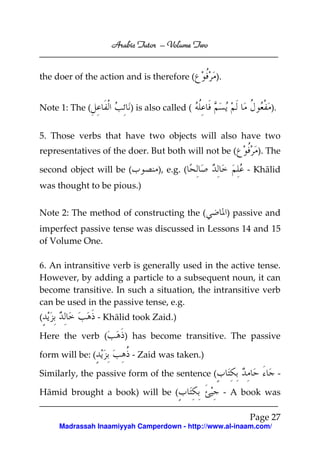 Volume
Arabic Tutor – Volume Two

the doer of the action and is therefore (
Note 1: The (

).

) is also called (

).

5. Those verbs that have two objects will also have two
representatives of the doer. But both will not be (
second object will be (

), e.g. (

). The
- Khālid

was thought to be pious.)
Note 2: The method of constructing the (

) passive and

imperfect passive tense was discussed in Lessons 14 and 15
of Volume One.
6. An intransitive verb is generally used in the active tense.
However, by adding a particle to a subsequent noun, it can
become transitive. In such a situation, the intransitive verb
can be used in the passive tense, e.g.
(

- Khālid took Zaid.)

Here the verb (
form will be: (

) has become transitive. The passive
- Zaid was taken.)

Similarly, the passive form of the sentence (
Hāmid brought a book) will be (

- A book was
Page 27

Madrassah Inaamiyyah Camperdown - http://www.al-inaam.com/

 