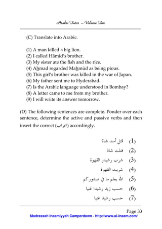 Volume
Arabic Tutor – Volume Two
(C) Translate into Arabic.
(1) A man killed a big lion.
(2) I called Hāmid’s brother.
(3) My sister ate the fish and the rice.
(4) Ahmad regarded Mahmūd as being pious.
(5) This girl’s brother was killed in the war of Japan.
(6) My father sent me to Hyderabad.
(7) Is the Arabic language understood in Bombay?
(8) A letter came to me from my brother.
(9) I will write its answer tomorrow.
(D) The following sentences are complete. Ponder over each
sentence, determine the active and passive verbs and then
insert the correct (

) accordingly.

(1)
(2)
(3)
(4)
(5)
(6)
(7)
Page 33
Madrassah Inaamiyyah Camperdown - http://www.al-inaam.com/

 