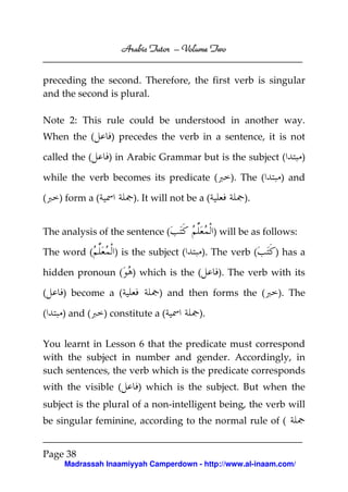 Volume
Arabic Tutor – Volume Two
preceding the second. Therefore, the first verb is singular
and the second is plural.
Note 2: This rule could be understood in another way.
When the (

) precedes the verb in a sentence, it is not

called the (

) in Arabic Grammar but is the subject (

while the verb becomes its predicate (
(

) form a (

). It will not be a (

The analysis of the sentence (
The word (

(

) become a (

(

) and (

).

). The verb (

) which is the (

) has a

). The verb with its

) and then forms the (

) constitute a (

) and

) will be as follows:

) is the subject (

hidden pronoun (

). The (

)

). The

).

You learnt in Lesson 6 that the predicate must correspond
with the subject in number and gender. Accordingly, in
such sentences, the verb which is the predicate corresponds
with the visible (

) which is the subject. But when the

subject is the plural of a non-intelligent being, the verb will
be singular feminine, according to the normal rule of (
Page 38
Madrassah Inaamiyyah Camperdown - http://www.al-inaam.com/

 