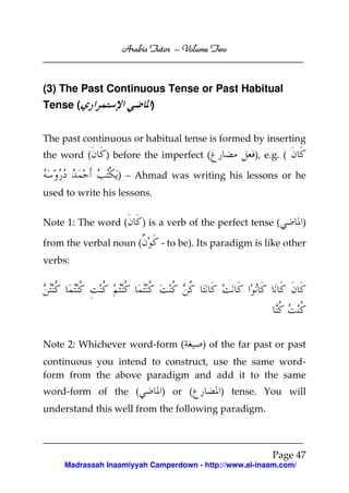 Volume
Arabic Tutor – Volume Two

(3) The Past Continuous Tense or Past Habitual
Tense (

)

The past continuous or habitual tense is formed by inserting
the word (

) before the imperfect (

), e.g. (

) – Ahmad was writing his lessons or he
used to write his lessons.
Note 1: The word (
from the verbal noun (

) is a verb of the perfect tense (

)

- to be). Its paradigm is like other

verbs:

Note 2: Whichever word-form (

) of the far past or past

continuous you intend to construct, use the same wordform from the above paradigm and add it to the same
word-form of the (

) or (

) tense. You will

understand this well from the following paradigm.

Page 47
Madrassah Inaamiyyah Camperdown - http://www.al-inaam.com/

 