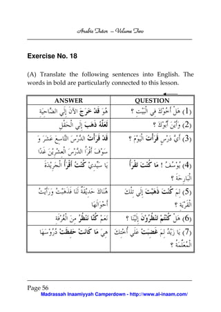 Volume
Arabic Tutor – Volume Two

Exercise No. 18
(A) Translate the following sentences into English. The
words in bold are particularly connected to this lesson.
ANSWER

QUESTION

( 1)
( 2)
( 3)
!

( 4)
( 5)
( 6)
( 7)

Page 56
Madrassah Inaamiyyah Camperdown - http://www.al-inaam.com/

 