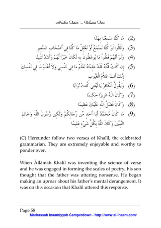 Volume
Arabic Tutor – Volume Two

(2)
(3)
(4)
(5)
(6)
(7)
(8)
(9)

(C) Hereunder follow two verses of Khalīl, the celebrated
grammarian. They are extremely enjoyable and worthy to
ponder over.
When Àllāmah Khalīl was inventing the science of verse
and he was engaged in forming the scales of poetry, his son
thought that the father was uttering nonsense. He began
making an uproar about his father’s mental derangement. It
was on this occasion that Khalīl uttered this response.

Page 58
Madrassah Inaamiyyah Camperdown - http://www.al-inaam.com/

 