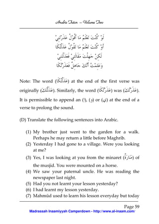 Volume
Arabic Tutor – Volume Two

Note: The word (
originally (

) at the end of the first verse was

). Similarly, the word (

) was (

).

It is permissible to append an ( ), ( ) or ( ) at the end of a
verse to prolong the sound.
(D) Translate the following sentences into Arabic.
(1) My brother just went to the garden for a walk.
Perhaps he may return a little before Maghrib.
(2) Yesterday I had gone to a village. Were you looking
at me?
(3) Yes, I was looking at you from the minaret (
(4)
(5)
(6)
(7)

) of

the musjid. You were mounted on a horse.
We saw your paternal uncle. He was reading the
newspaper last night.
Had you not learnt your lesson yesterday?
I had learnt my lesson yesterday.
Mahmūd used to learn his lesson everyday but today
Page 59

Madrassah Inaamiyyah Camperdown - http://www.al-inaam.com/

 